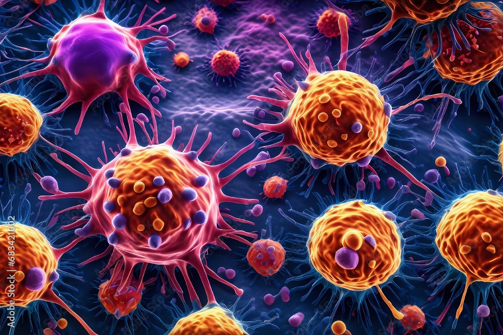 3D rendering of microscopic human and cancer cells on science day background 3D rendering of microscopic human and cancer cells on science day background