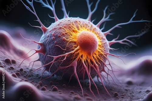 3D rendering of microscopic human and cancer cells on science day background © AG2024