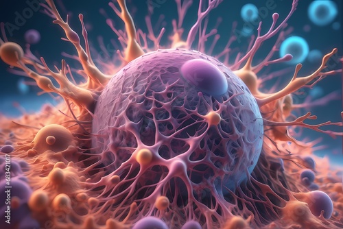 3D rendering of microscopic human and cancer cells on science day background