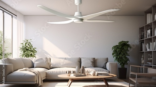 Fotografia A modern white ceiling fan, its blades in motion, symbolizing the blend of form and function in home comfort