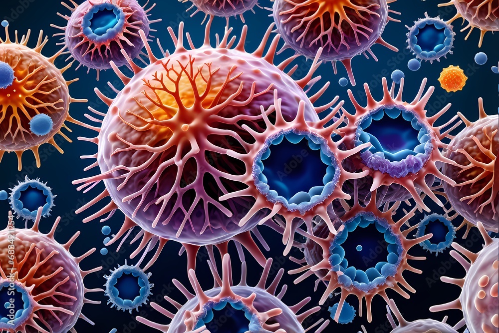 3D rendering of microscopic human and cancer cells on science day background 3D rendering of microscopic human and cancer cells on science day background