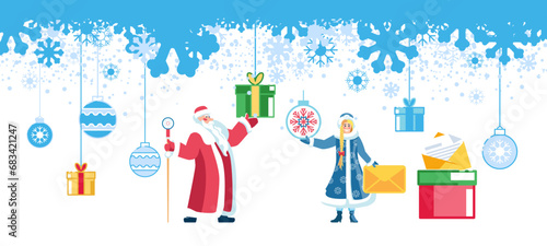 Happy new year 2024. New Year and Merry Christmas holiday gifts. The Snow Maiden and Santa Claus are holding greeting cards and New Year s toys. Banner  Elements for calendar. Vector illustration