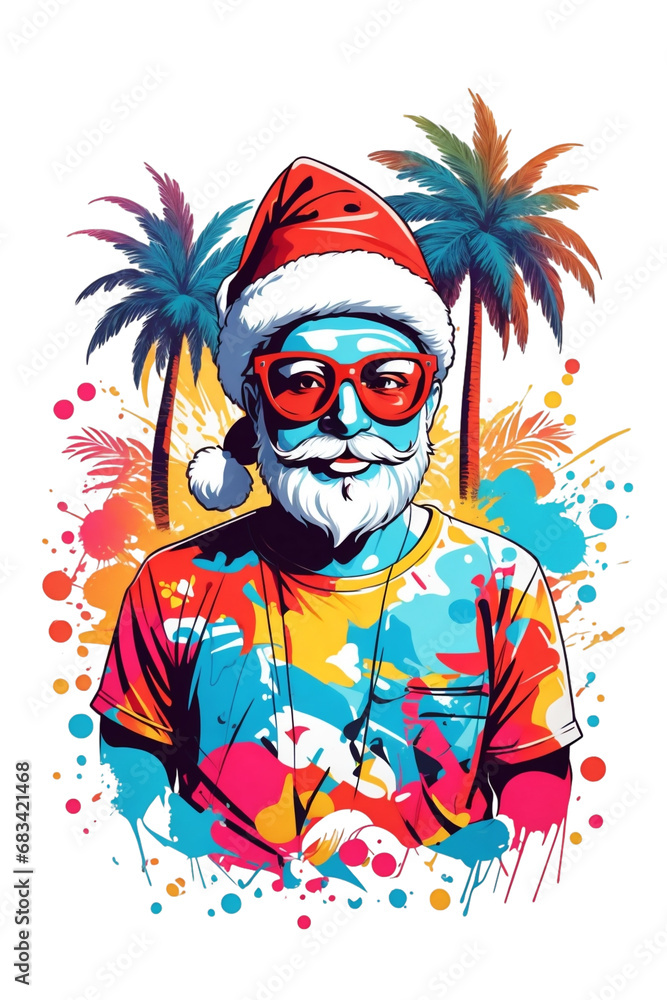 graphics of Santa Claus on a tropical vacation in Hawaii