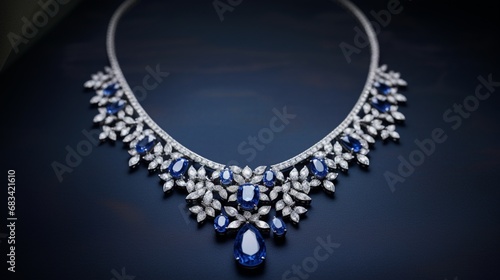 A necklace adorned with deep blue sapphires and diamonds, elegantly positioned on a stand, drawing focus against a clean white canvas.