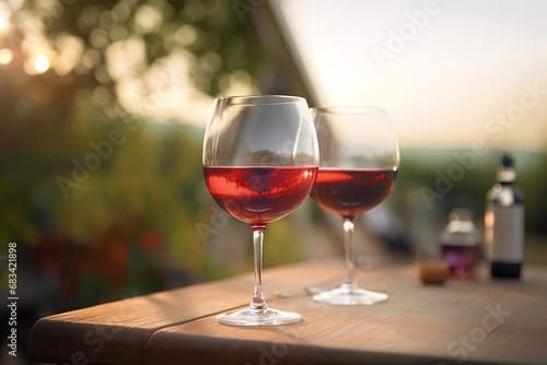 Two glasses of red wine on the table outdoors on blurred vineyard background