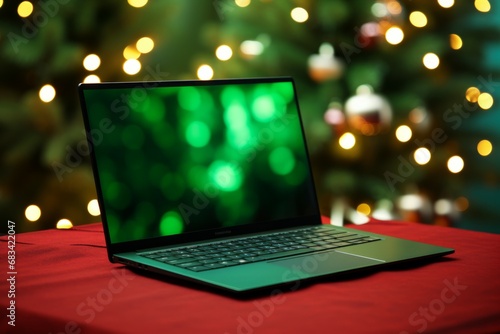 Laptop with empty screen and stylish christmas gifts on background of festive decorated tree, golden lights and star in room.