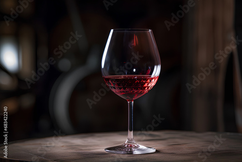Glass of red wine on background of wooden oak barrels in cellar of winery. Closeup