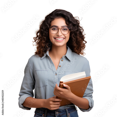 Female Indian university student smiling happily on PNG transparent background. Women's educational opportunities concept in India.