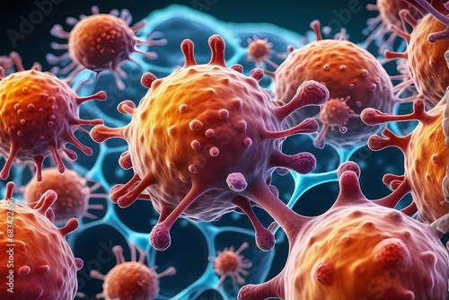3D rendering of microscopic human and cancer cells on science day background 
 #683422656