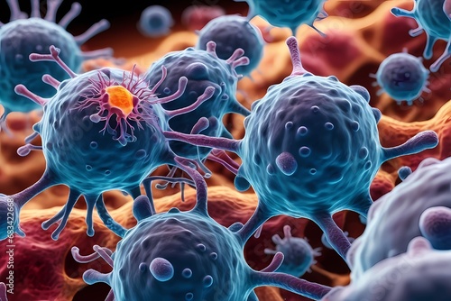 3D rendering of microscopic human and cancer cells on science day background 
