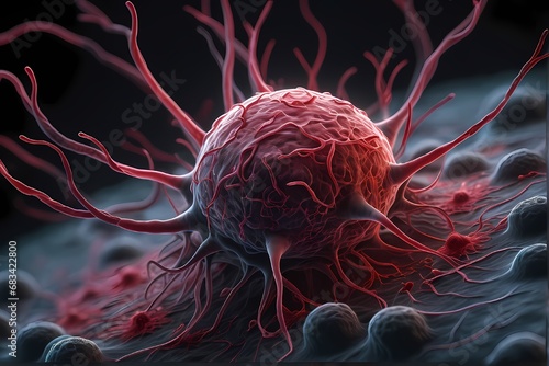 3D rendering of microscopic human and cancer cells on science day background 
