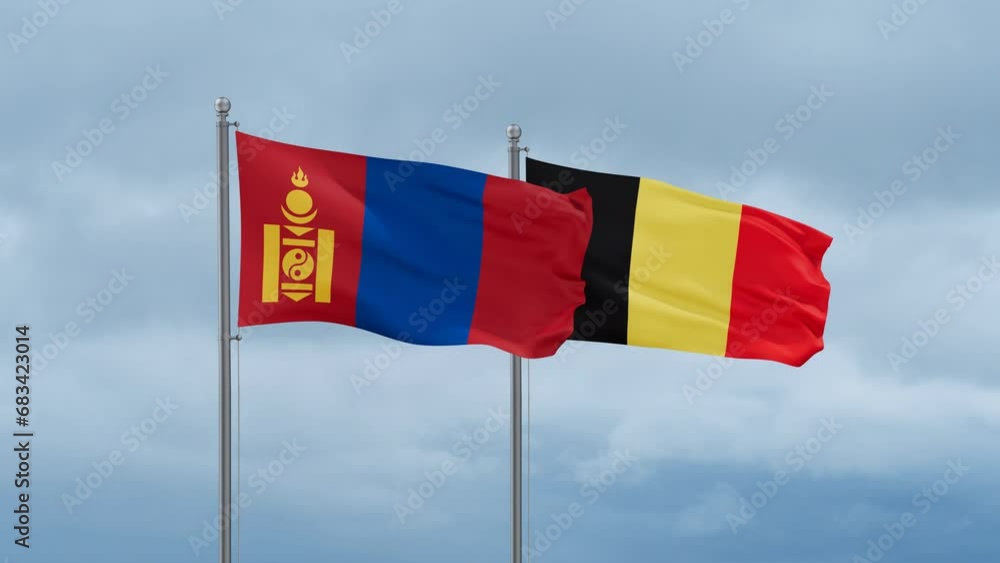 Belgium flag and Mongolia flag waving together on cloudy sky, endless seamless loop, two country relations concept Belgium flag and Mongolia flag waving together on cloudy sky, endless seamless loop, two country relations concept