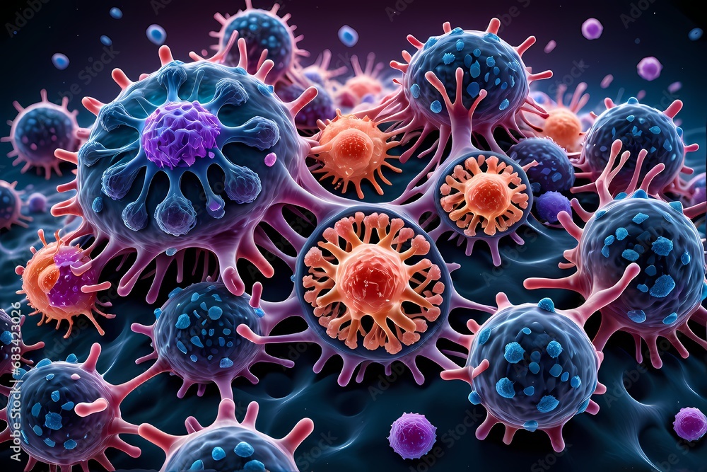 3D rendering of microscopic human and cancer cells on science day background
3D rendering of microscopic human and cancer cells on science day background