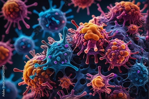 3D rendering of microscopic human and cancer cells on science day background   © AG2024