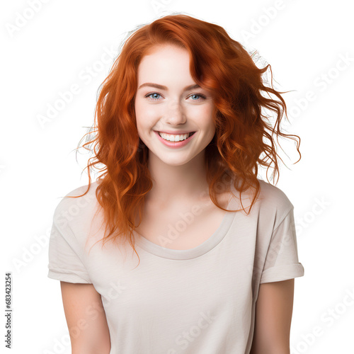 Red-haired girl is smiling happily on PNG transparent background.
