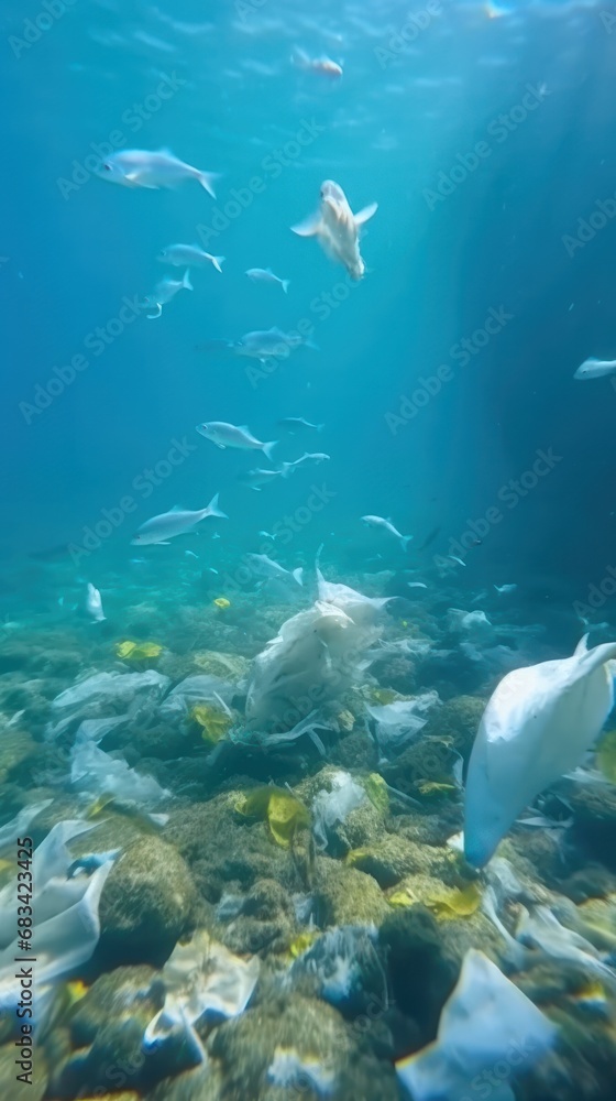 Fototapeta premium Ocean pollution with plastic: a plastic bag floating underwater amidst fish, turtle and coral. A distressing depiction of the environmental threat posed by plastic waste to marine ecosystems