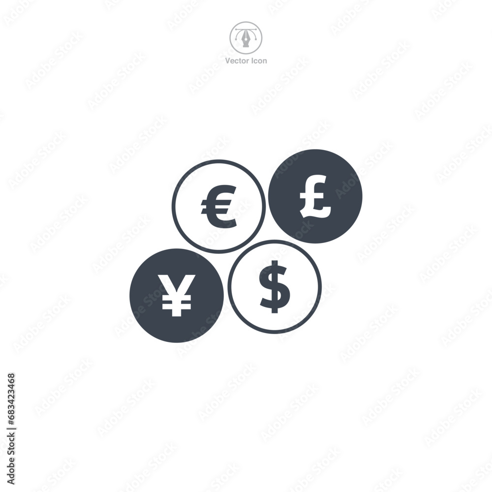 Coin Dollar, Euro, Pound, or Yen Icon symbol vector illustration isolated on white background Coin Dollar, Euro, Pound, or Yen Icon symbol vector illustration isolated on white background