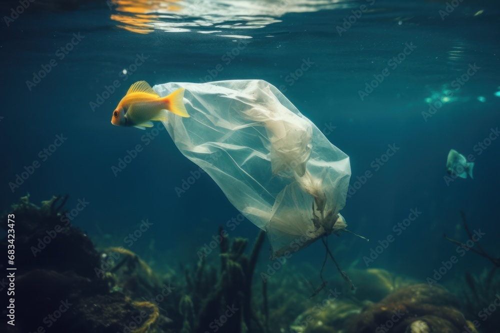 Ocean pollution with plastic: a plastic bag floating underwater amidst ...
