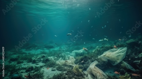 Ocean pollution with plastic  a plastic bag floating underwater amidst fish  turtle and coral. A distressing depiction of the environmental threat posed by plastic waste to marine ecosystems
