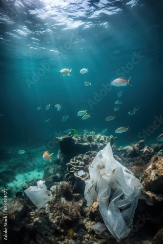 Ocean pollution with plastic: a plastic bag floating underwater amidst fish, turtle and coral. A distressing depiction of the environmental threat posed by plastic waste to marine ecosystems © Ilia