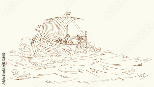 Vector drawing. Sailors on a ship in a storm