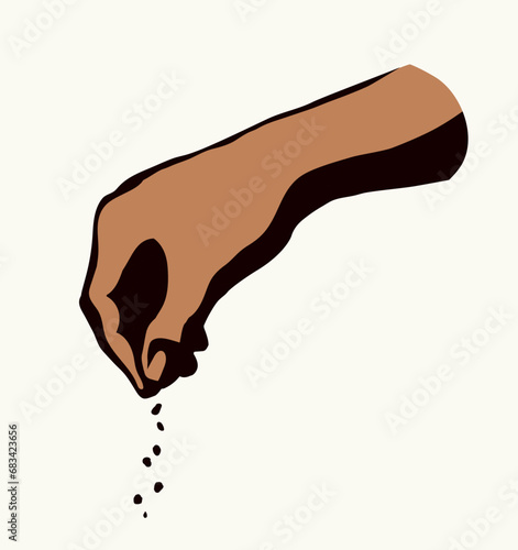 A hand is holding a pinch of salt. Vector drawing