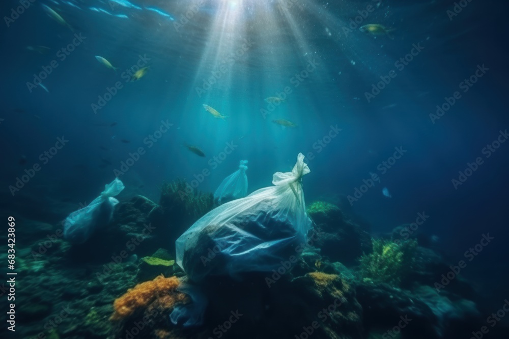 Ocean pollution with plastic: a plastic bag floating underwater amidst ...