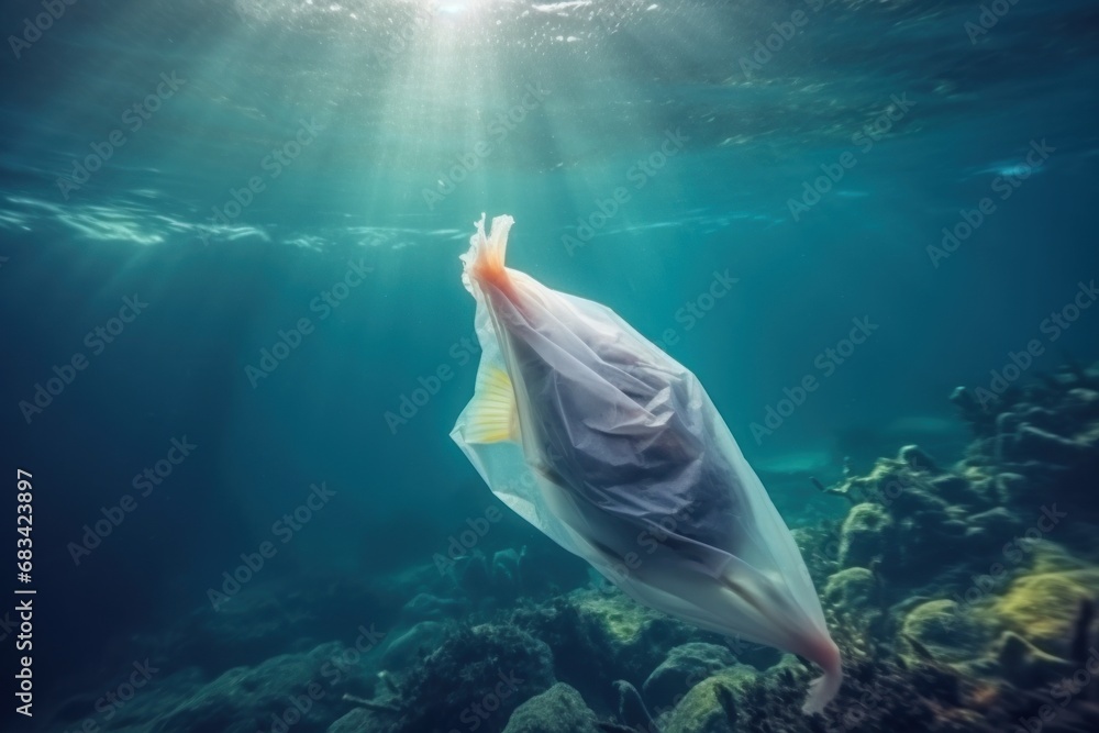 Ocean pollution with plastic: a plastic bag floating underwater amidst ...