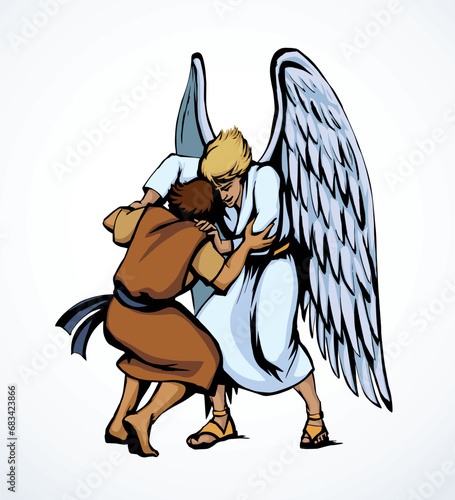 Vector drawing. Man fight with Angel