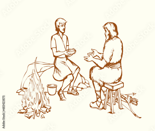 Vector drawing. Jacob gives soup to Esau photo