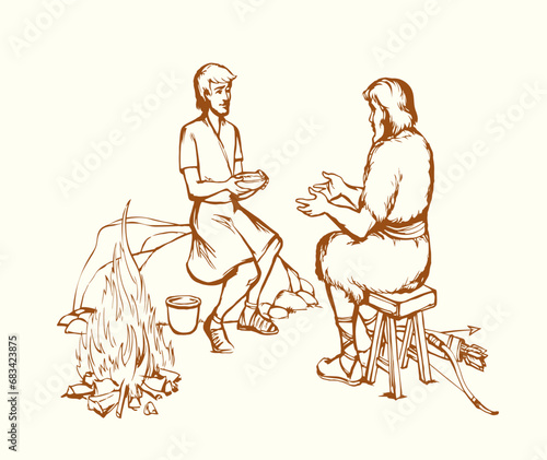 Vector drawing. Jacob gives soup to Esau