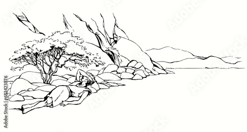 An exhausted person lies on the ground. Vector drawing