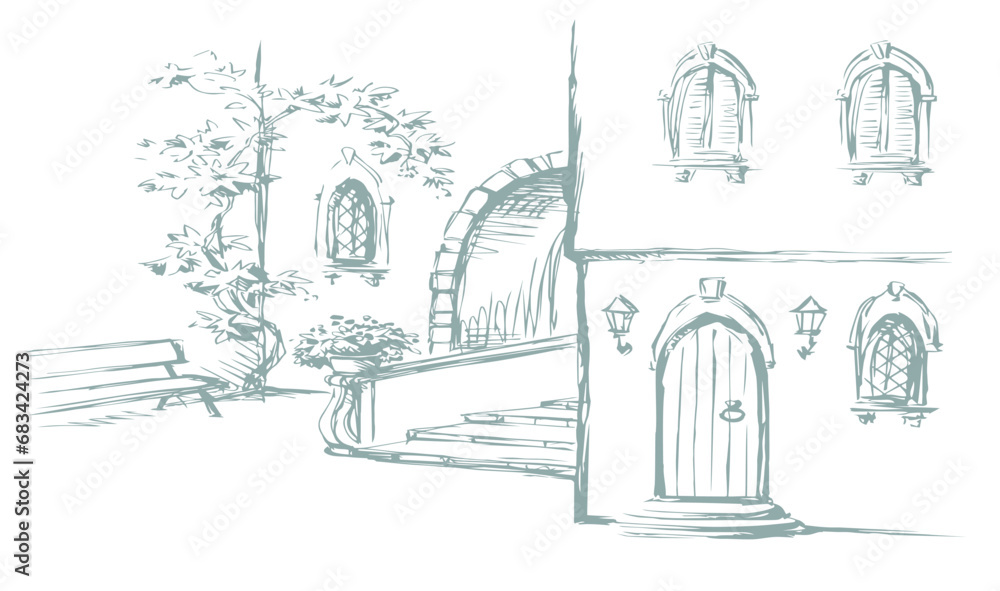 Vector Sketch. A comfortable bench in an old quiet courtyard Vector Sketch. A comfortable bench in an old quiet courtyard