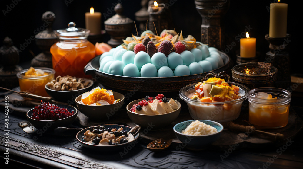 Asian Sweet Symphony: Capturing the Delightful Variety of a Dessert Spread. Generative AI.