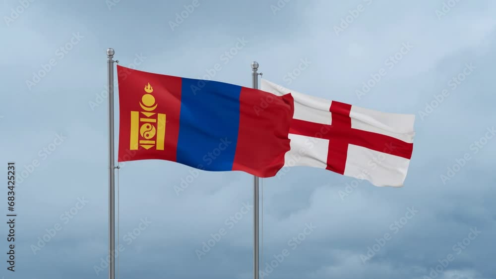 England flag and Mongolia flag waving together on cloudy sky, endless seamless loop, two country relations concept England flag and Mongolia flag waving together on cloudy sky, endless seamless loop, two country relations concept