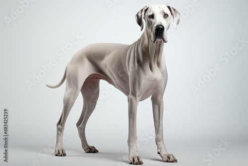 Great Dane dog standing on a white background. Animal right-side portrait.