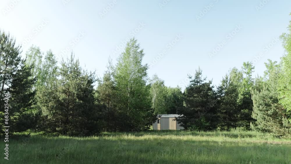 Wide shot of wooden tiny house, wood building hidden among the pine trees, forest, grass. POV, camera moving from wood home, slow motion. Wide shot of wooden tiny house, wood building hidden among the pine trees, forest, grass. POV, camera moving from wood home, slow motion.
