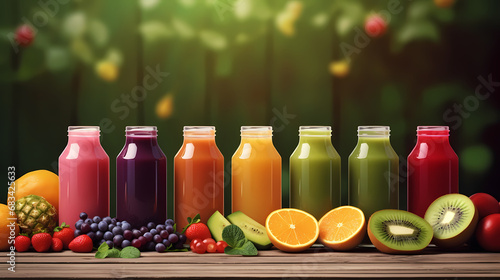  Colorful fresh juices or smoothies on a wooden desk with various ingredients around,PPT background