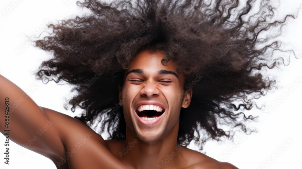 Portrait of an handsome black afro american young male model man with beautiful afro hair in motion isolated on white background Portrait of an handsome black afro american young male model man with beautiful afro hair in motion isolated on white background