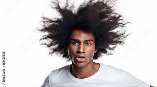 Portrait of an handsome black afro american young male model man with beautiful afro hair in motion isolated on white background