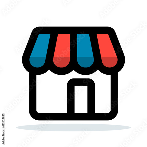 Flat design icon of a shopfront with a striped awning. Storefront or small business. Vector illustration