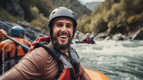Young man on a thrilling white-water rafting expedition. He commands the raft with confidence through challenging rapids, creating an unforgettable outdoor experience with his friends. photo