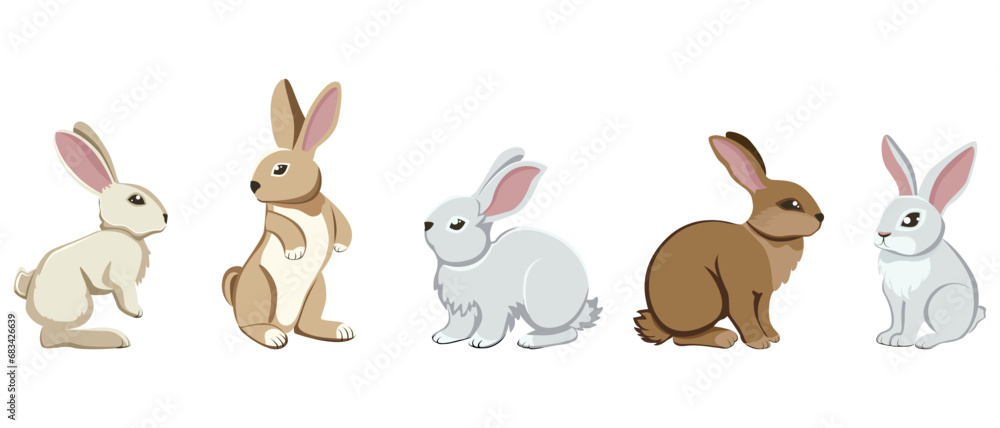 A collection of five hares and rabbits. Close-up. White background. For web design, print, children's illustrations, stickers. A collection of five hares and rabbits. Close-up. White background. For web design, print, children's illustrations, stickers.