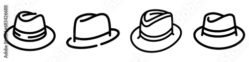 Fedora hat icons set. Fedora hat black linear icon on white background.