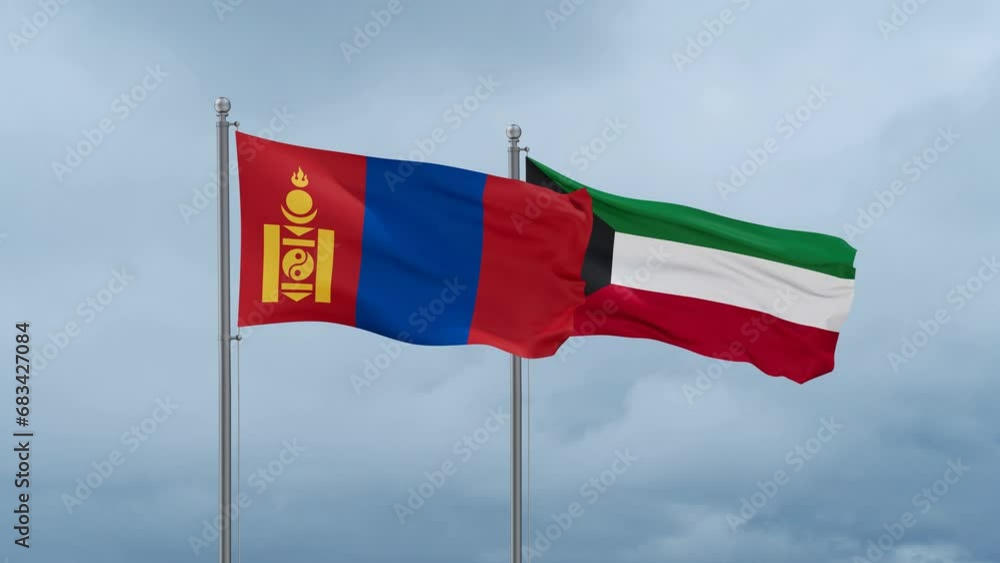 Kuwait and Mongolia flag waving together on cloudy sky, endless seamless loop, two country cooperation concept Kuwait and Mongolia flag waving together on cloudy sky, endless seamless loop, two country cooperation concept