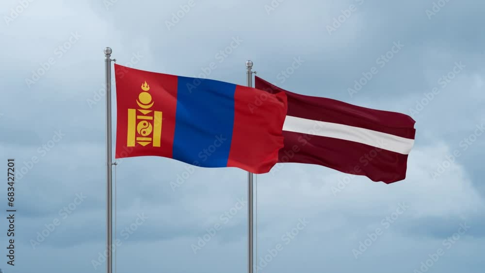 Latvia and Mongolia flag waving together on cloudy sky, endless seamless loop, two country cooperation concept Latvia and Mongolia flag waving together on cloudy sky, endless seamless loop, two country cooperation concept