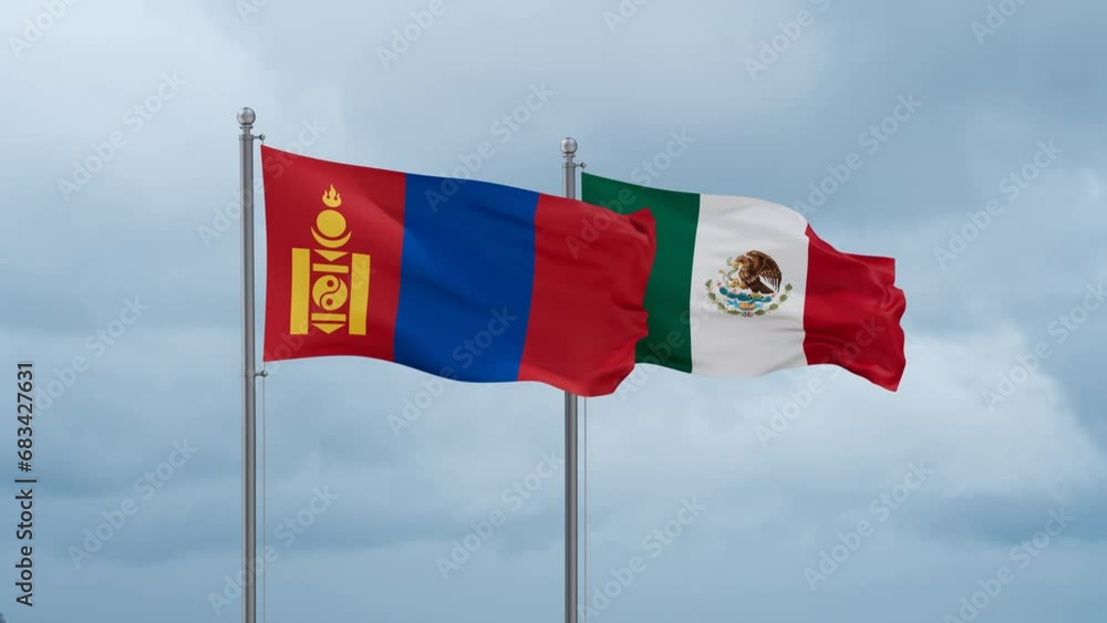 Mexico flag and Mongolia flag waving together on cloudy sky, endless seamless loop, two country relations concept Mexico flag and Mongolia flag waving together on cloudy sky, endless seamless loop, two country relations concept