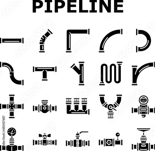 pipeline oil industry gas pipe icons set vector. technology industrial, construction energy, equipment engineering, tube, fuel pipeline oil industry gas pipe glyph pictogram Illustrations