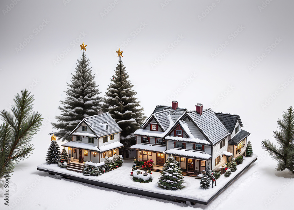 Fototapeta premium Diorama, miniature, model shot on tilt-shift. A charming miniature cottage nestled among vibrant flowers and lush greenery, its quaint windows and peaked roof embodying the essence of a tranquil outdo
