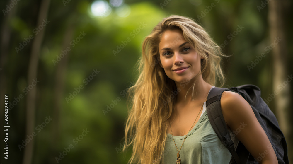 A very beautiful, sensual, slight smiling, candid, blond, and content 24-year-old woman against a jungle background, with backpack